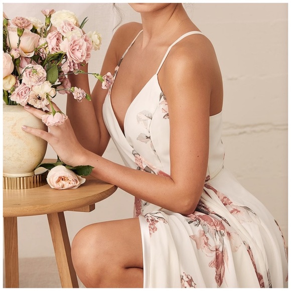 Lulus Elegantly Inclined Cream Floral Print Wrap Maxi Dress size xs - Picture 3 of 11